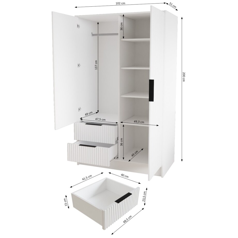 Szafa NOEMI ryflowana z lustrem 102 cm - biała mat