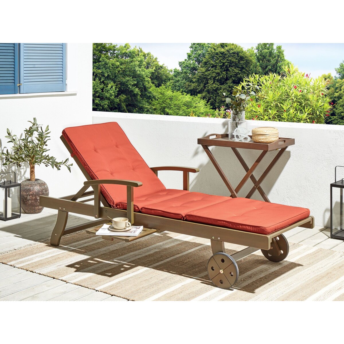 Leżak ogrodowy drewno akacjowe z poduszką czerwoną AMATNEA