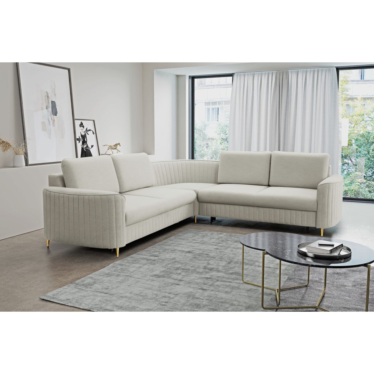 Narożnik z funkcją spania i pojemnikiem na pościel LOREN, jasny szary