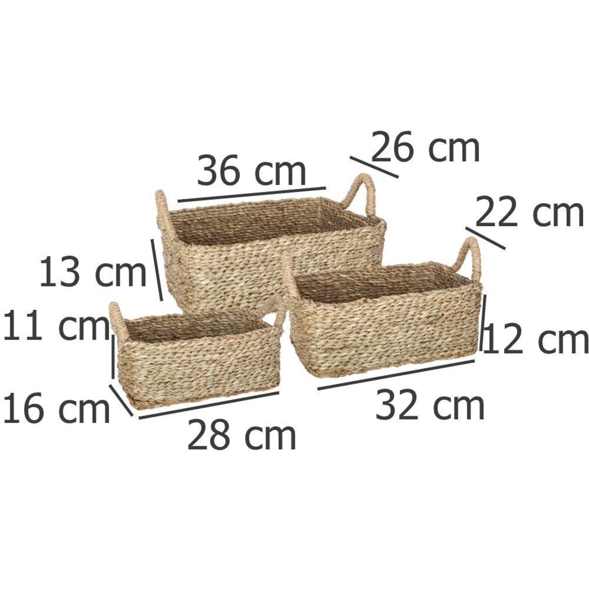 Zestaw trzech prostokątnych koszy dekoracyjnych z uchwytami, 3 rozmiary