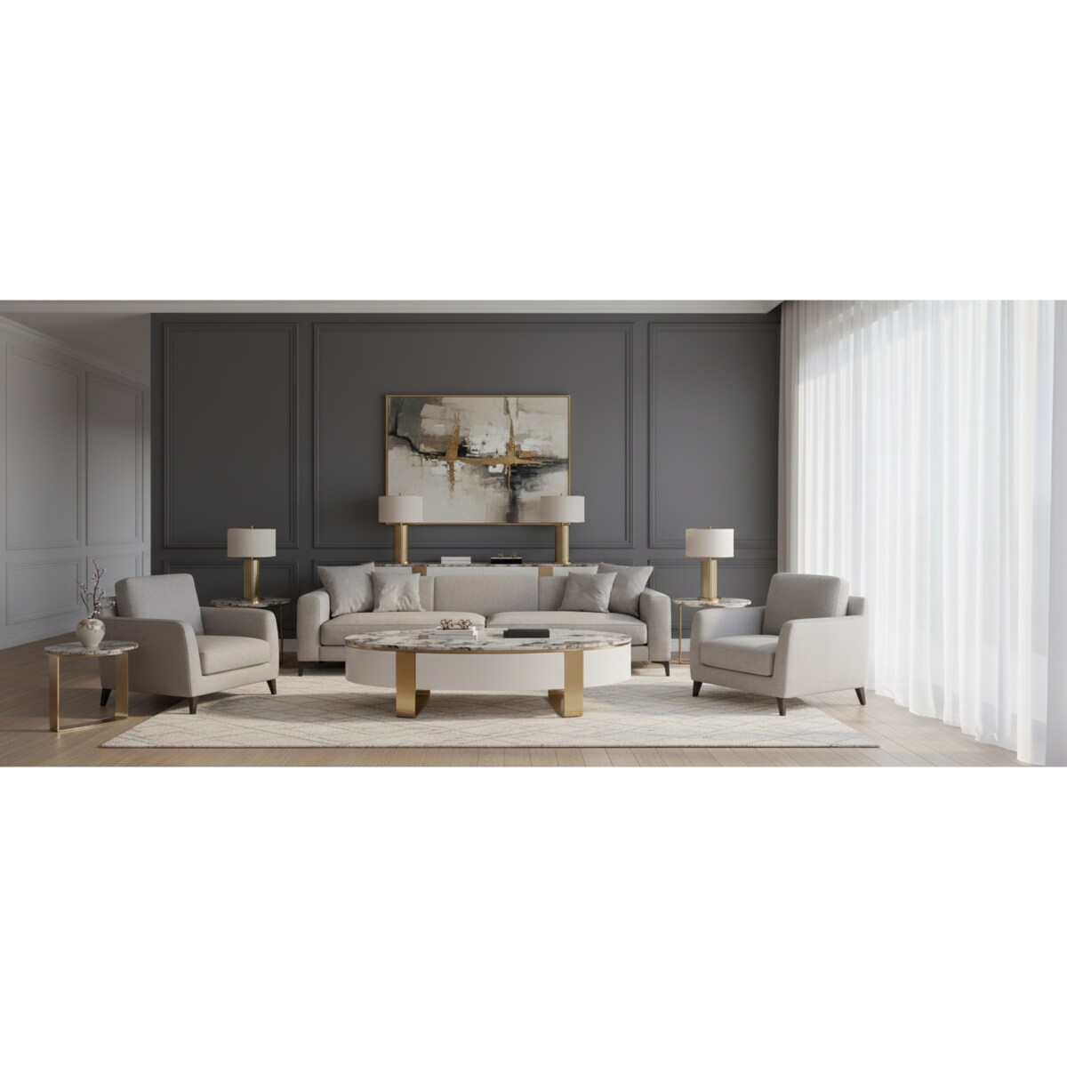 Stolik kawowy biały/ ława Sofia na złotych nogach z kamiennym blatem 150x80x38