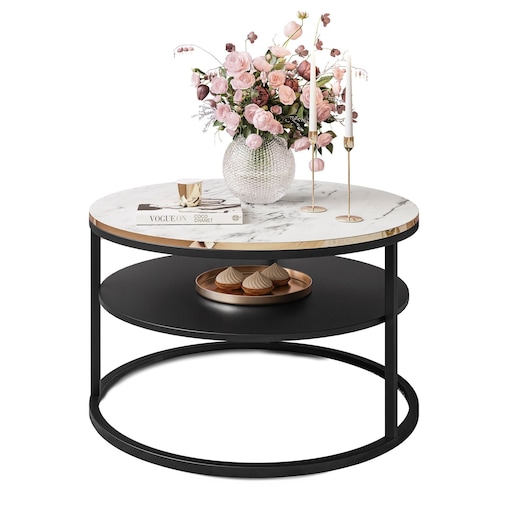 Okrągły stolik kawowy COREIL z półką czarny marmur carrara