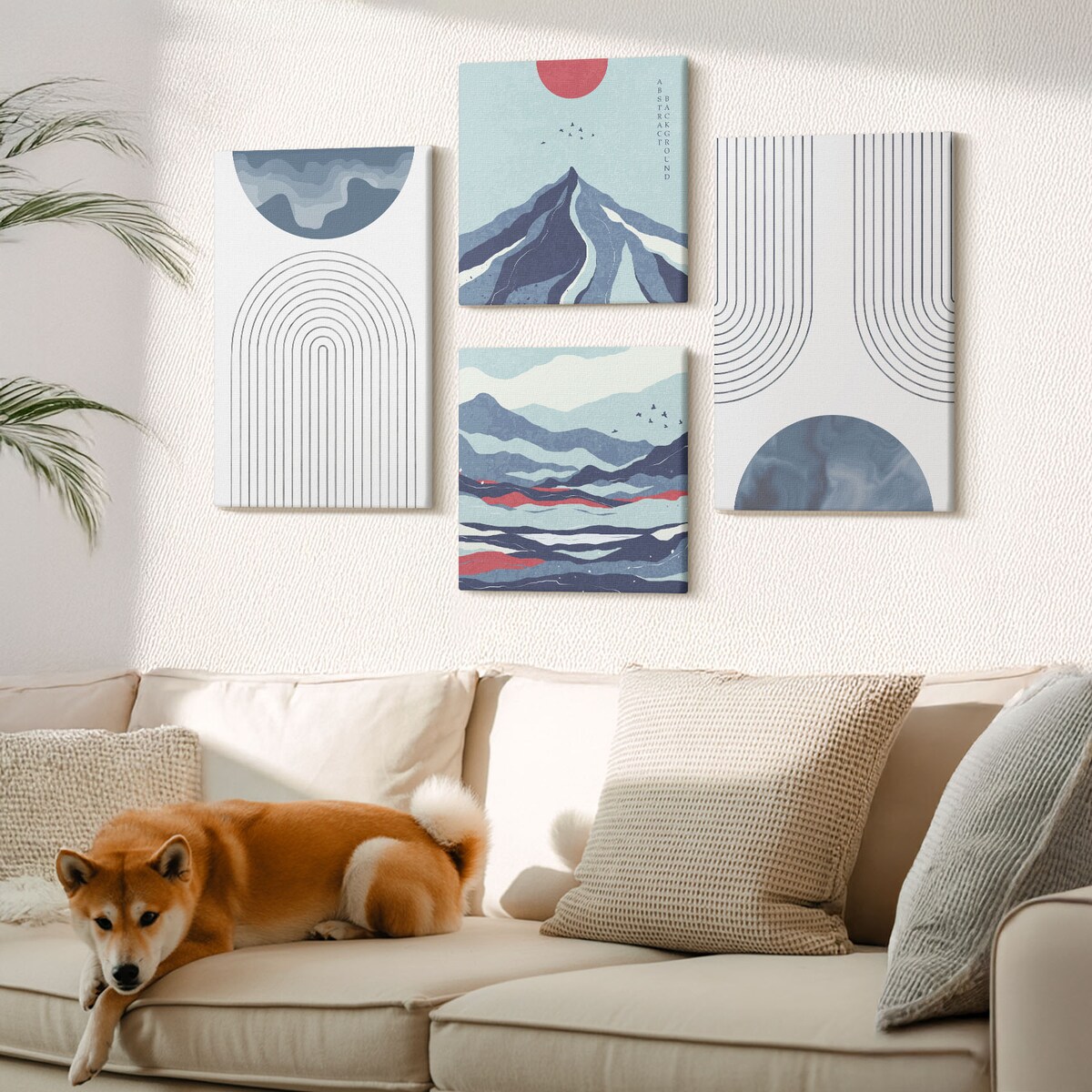 Zestaw 4 obrazów na płótnie - Abstrakcyjne górskie pejzaże boho - niebieski