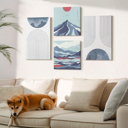 Zestaw 4 obrazów na płótnie - Abstrakcyjne górskie pejzaże boho - niebieski