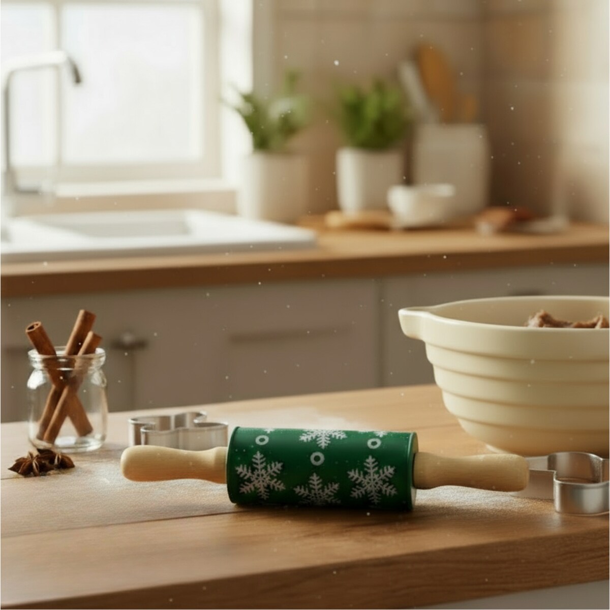 Zestaw do pieczenia dla dzieci TIVOLA, miniwałek z wzorem śnieżyek + 3 foremki