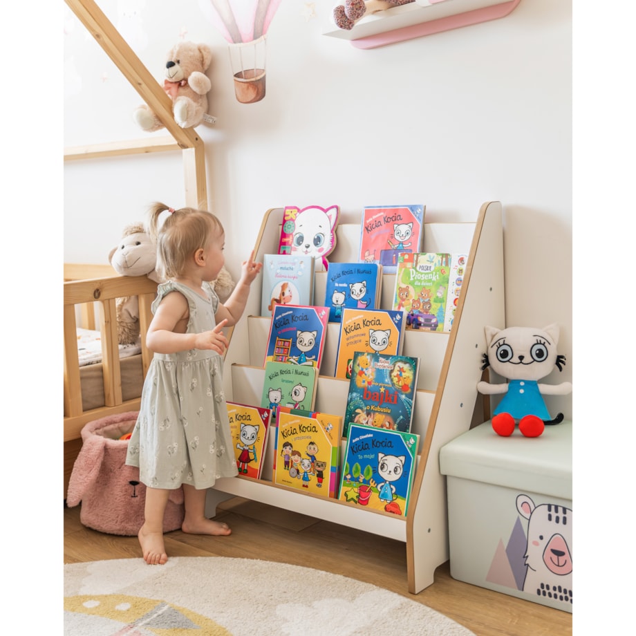 Biała Duża Biblioteczka Montessori Regał na Książki i Zabawki dla Dzieci 5 Półek na Książki Bardzo Pojemna
