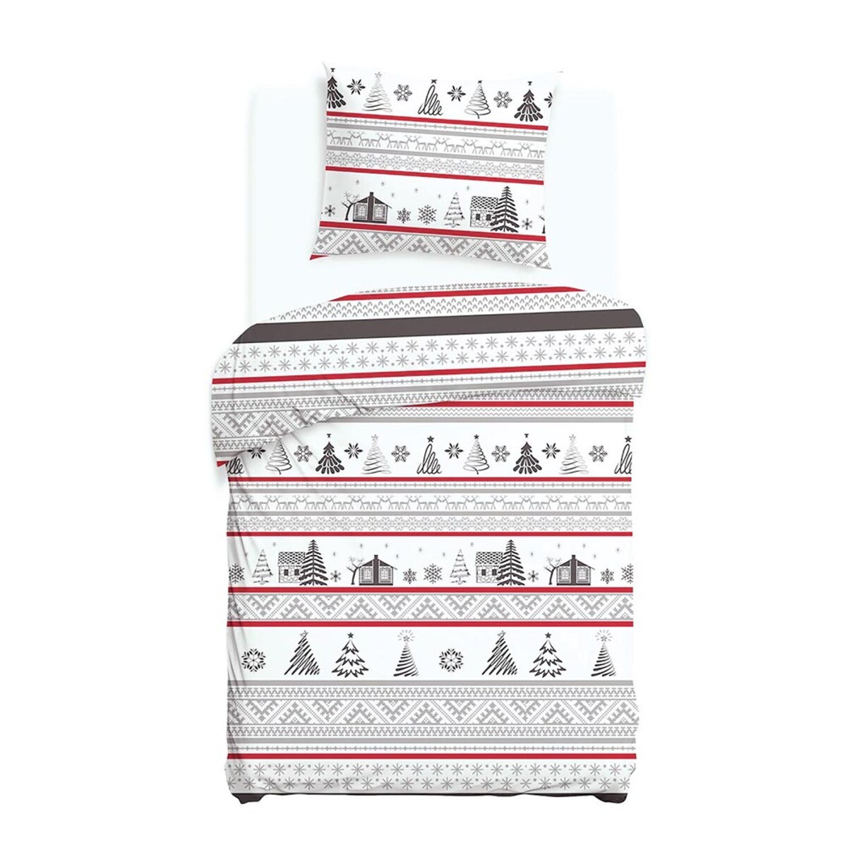 Pościel flanelowa 140x200 Selvia biała w choinki i chatki, Flanelove
