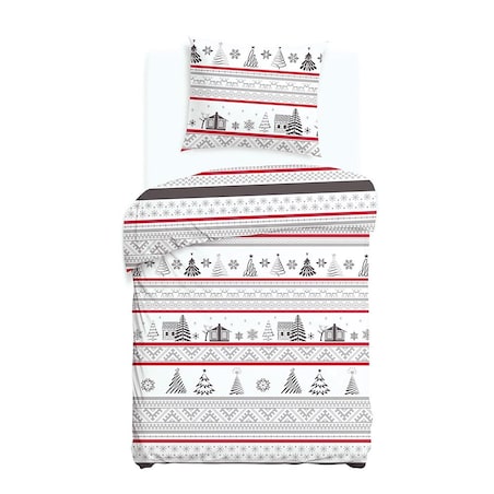 Pościel flanelowa 140x200 Selvia biała w choinki i chatki, Flanelove