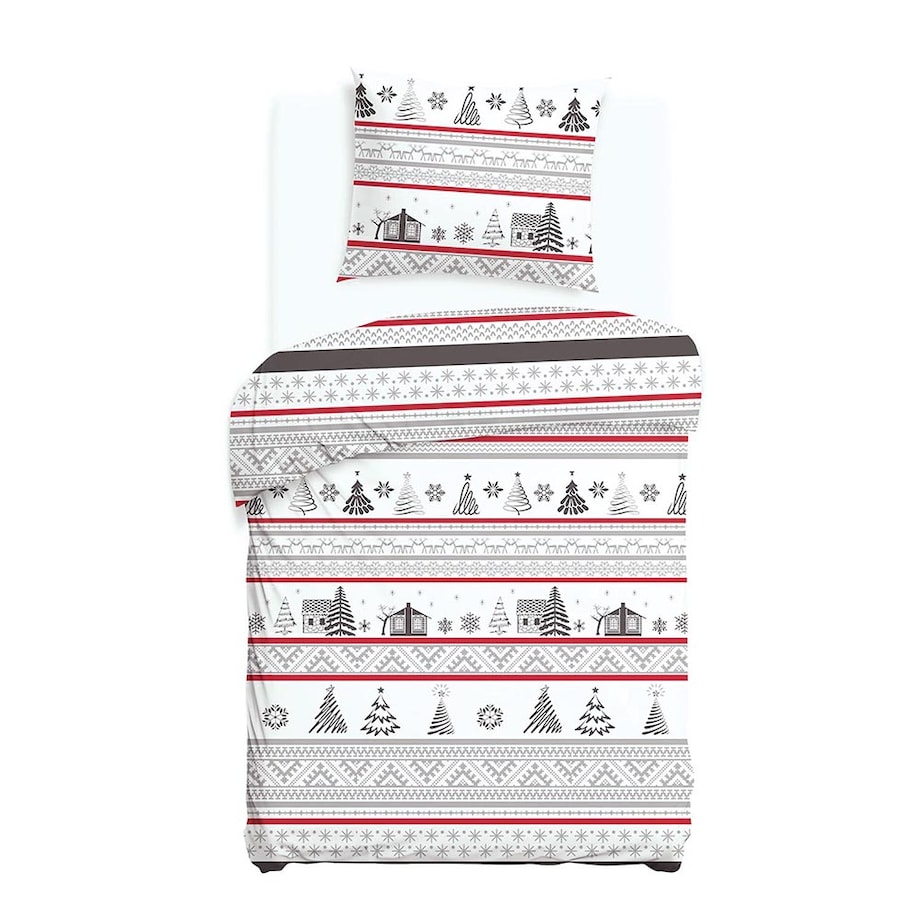 Pościel flanelowa 140x200 Selvia biała w choinki i chatki, Flanelove