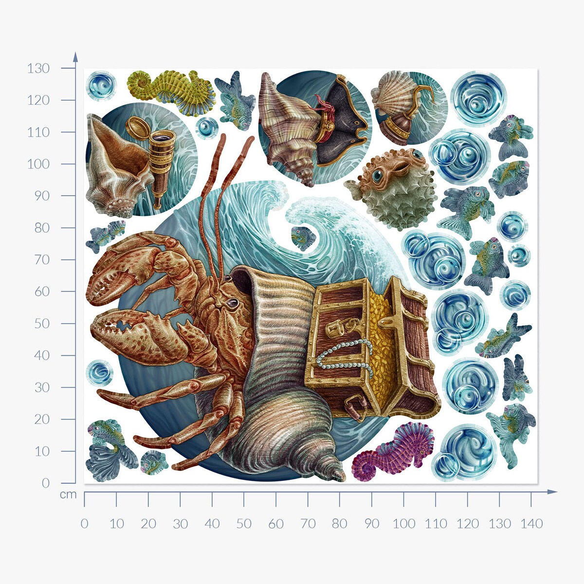 Zestaw naklejek na ścianę, Podwodny świat kraba, 130cm
