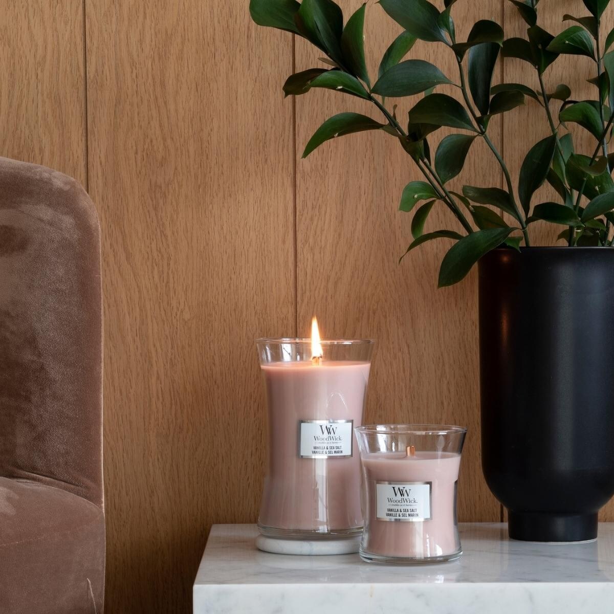 WoodWick świeca średnia VANILLA & SEA SALT