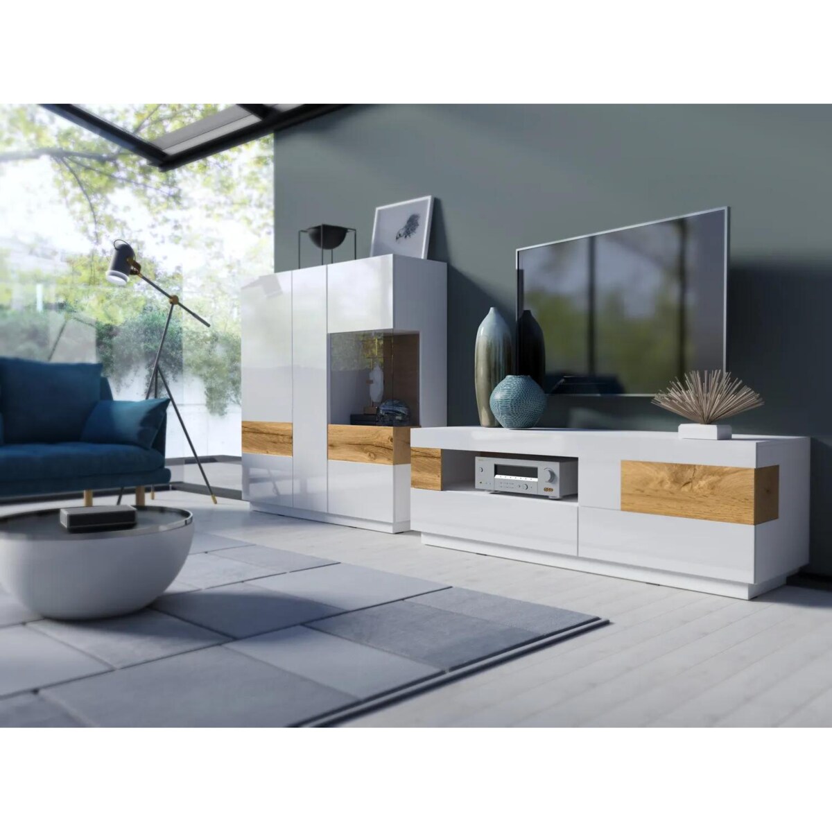 Szafka RTV SILKE 2S1KL 160cm biały połysk/dąb wotan