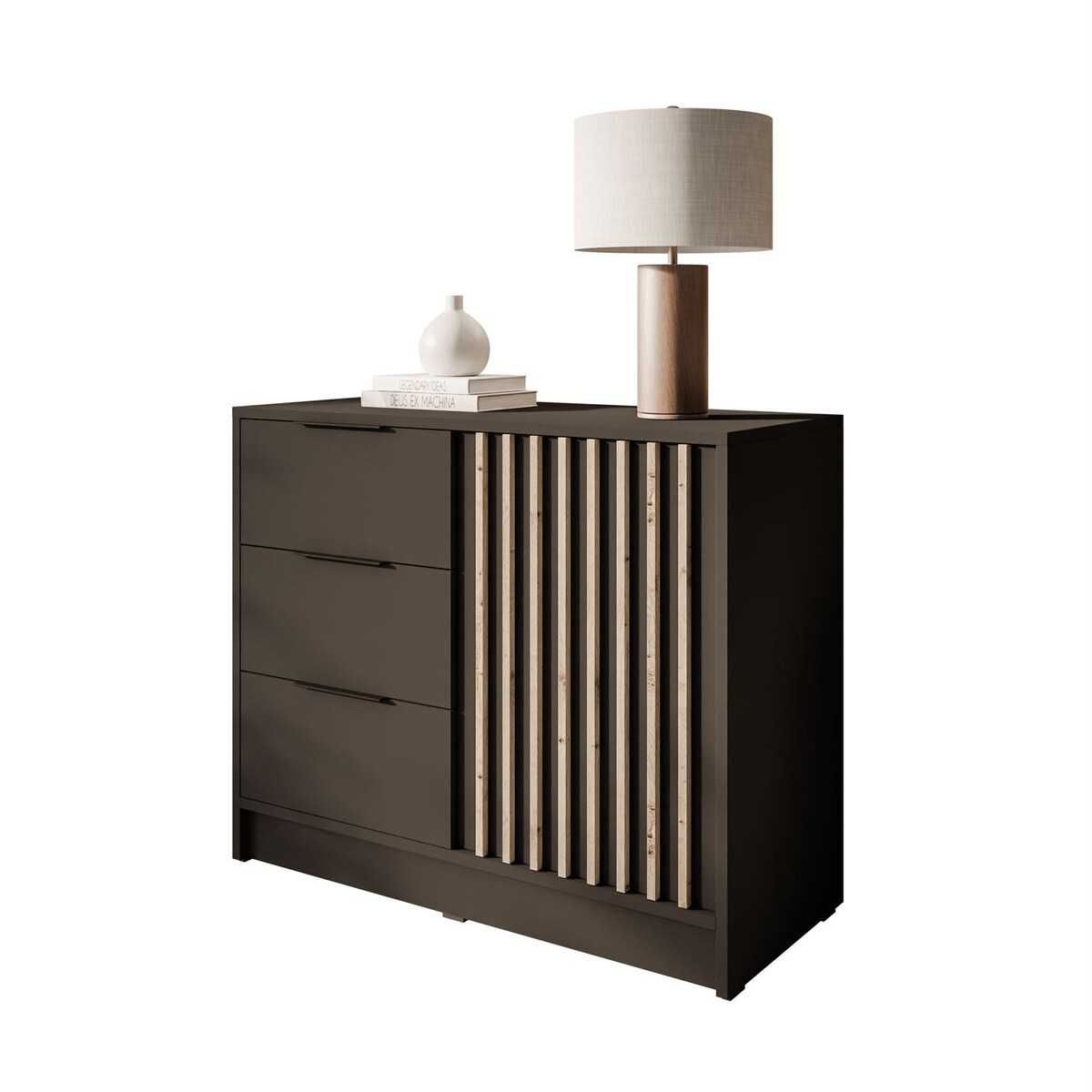 Komoda NELA 1D3S z lamelami, grafit + dąb artisan