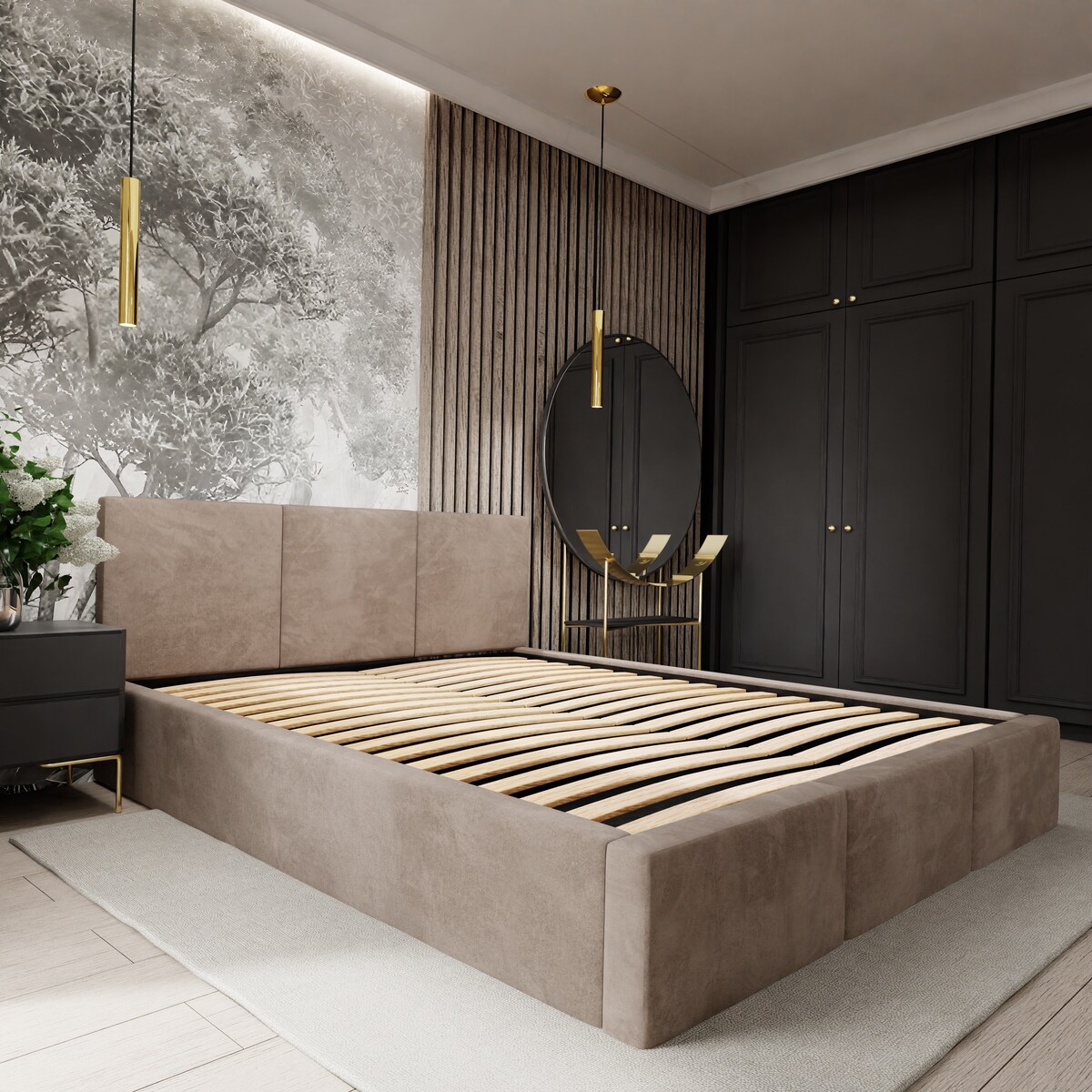 ŁÓŻKO TAPICEROWANE 140x200 ŁÓŻKO PODWÓJNE Z POJEMNIKIEM BEŻOWE