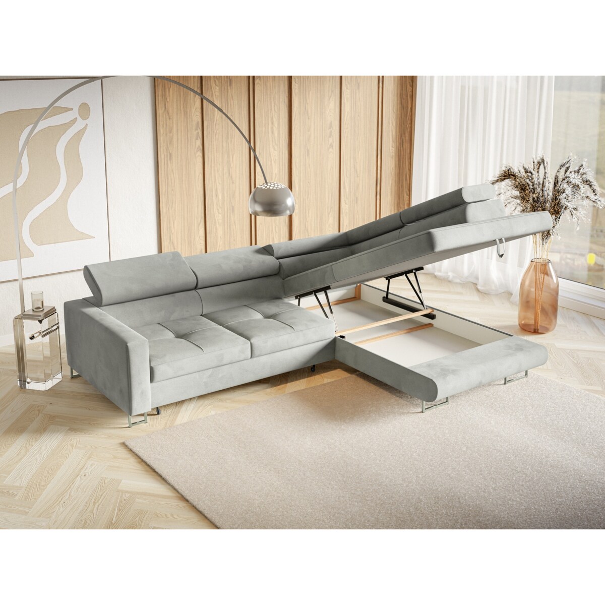 Narożnik rozkładany MERY P z regulowanymi zagłówkami na srebrnych nóżkach