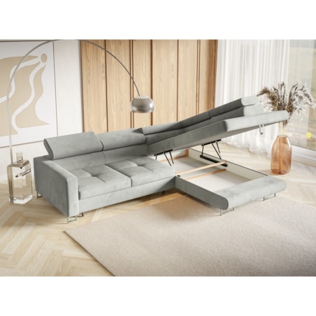 Narożnik rozkładany MERY P z regulowanymi zagłówkami na srebrnych nóżkach