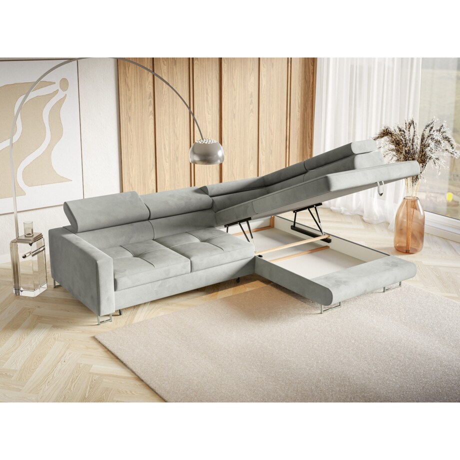 Narożnik rozkładany MERY P z regulowanymi zagłówkami na srebrnych nóżkach