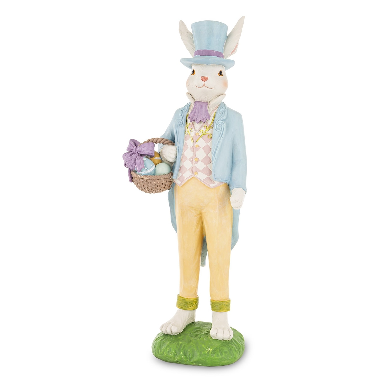 Figurka - królik w niebieskim fraku i cylindrze 36x14x10 cm z koszykiem pisanek