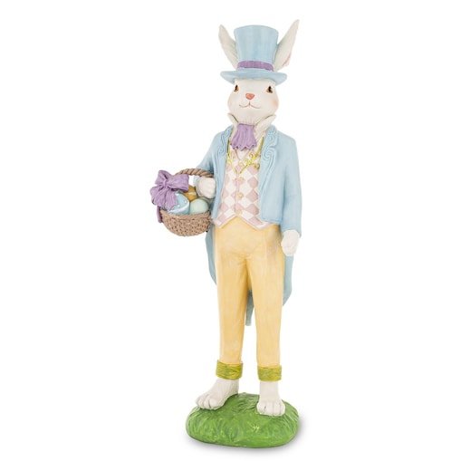 Figurka - królik w niebieskim fraku i cylindrze 36x14x10 cm z koszykiem pisanek