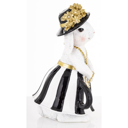 Dekoracja - biała króliczka w czarnym kapeluszu 17,5x10,5x10,5 cm spódniczka w pasy czarno-białe