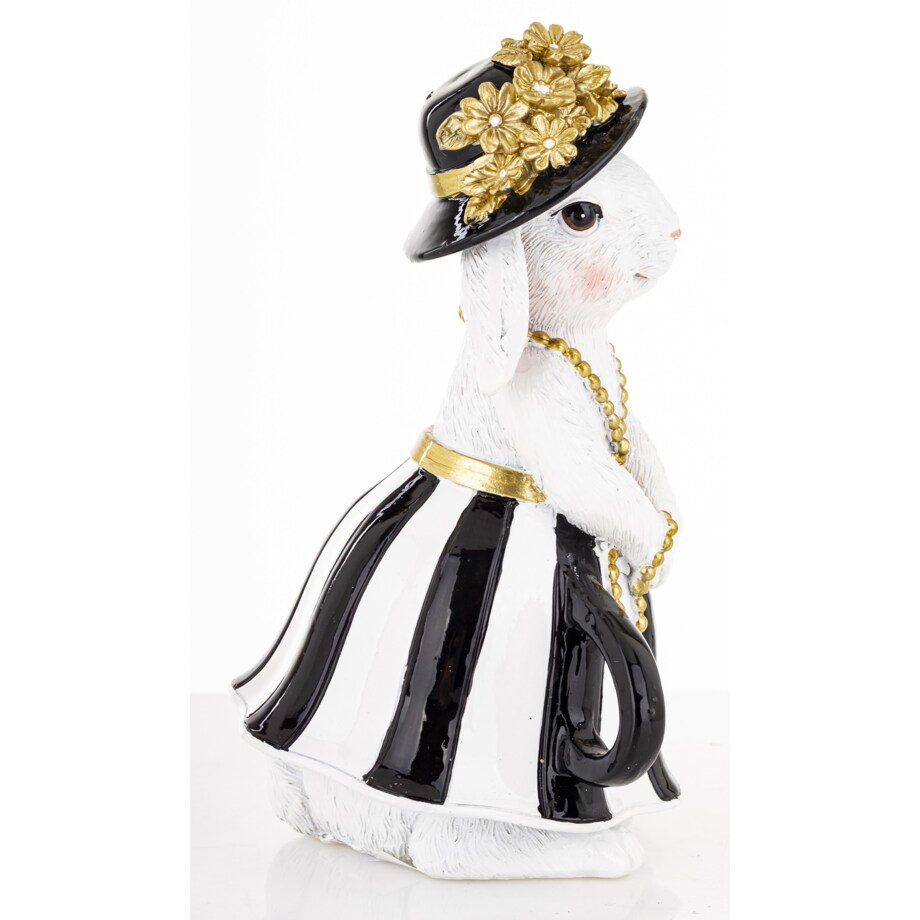 Dekoracja - biała króliczka w czarnym kapeluszu 17,5x10,5x10,5 cm spódniczka w pasy czarno-białe