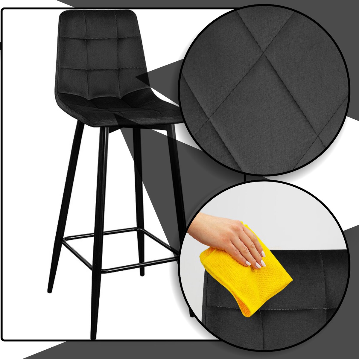 Hoker barowy krzesło tapicerowany welurowy do wyspy z podnóżkiem