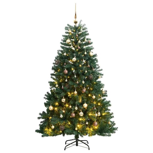 vidaXL Sztuczna choinka na zawiasach, 300 lampek LED i bombki, 180 cm