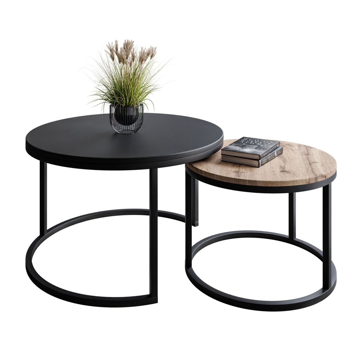 Okrągły stolik kawowy 2w1 CIRI SLIM MIX czarny dąb wotan