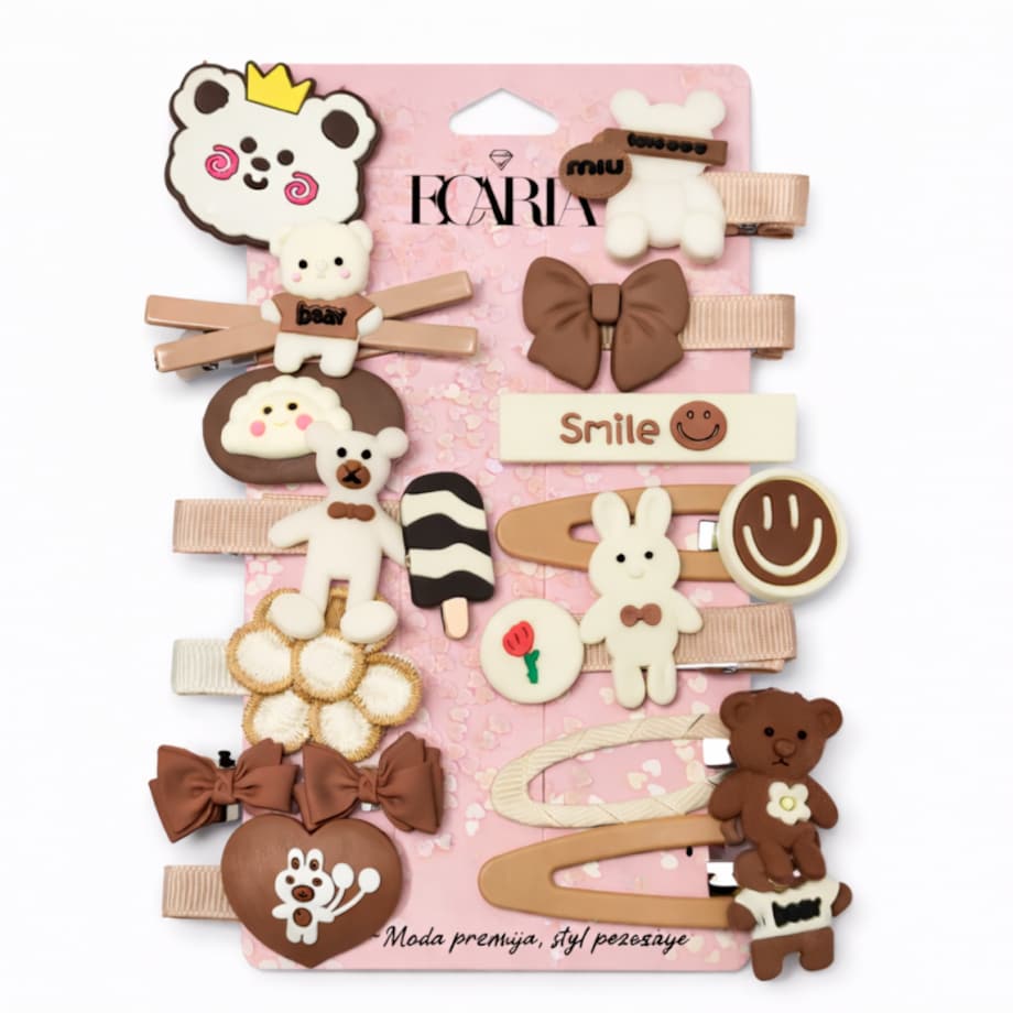 Zestaw pakiet 14w1 spinek wsuwek do włosów, MISIE, beż, krem SP447