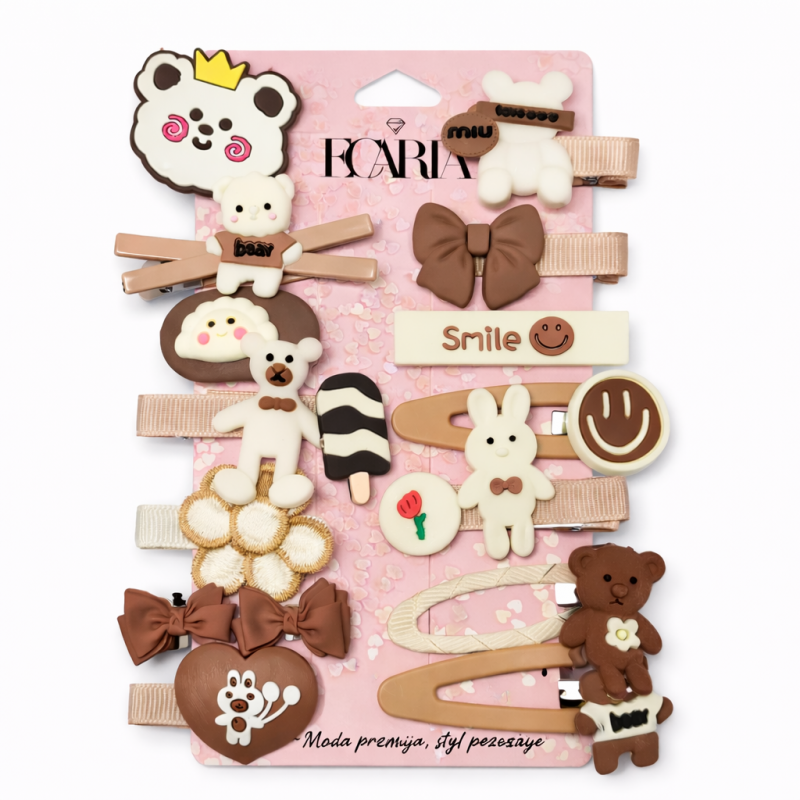 Zestaw pakiet 14w1 spinek wsuwek do włosów, MISIE, beż, krem SP447