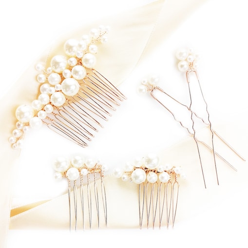 Zestaw ozdób ślubnych z perełkami różowe złoto