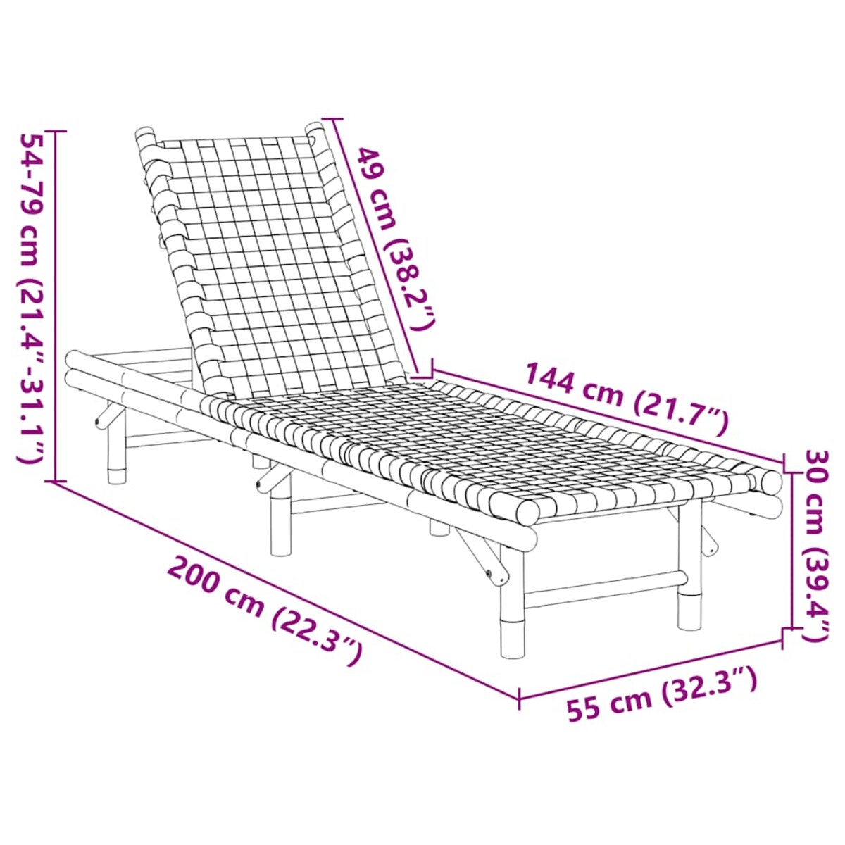 vidaXL Leżak z czarną tkaną taśmą, 55x200x30 cm, bambus