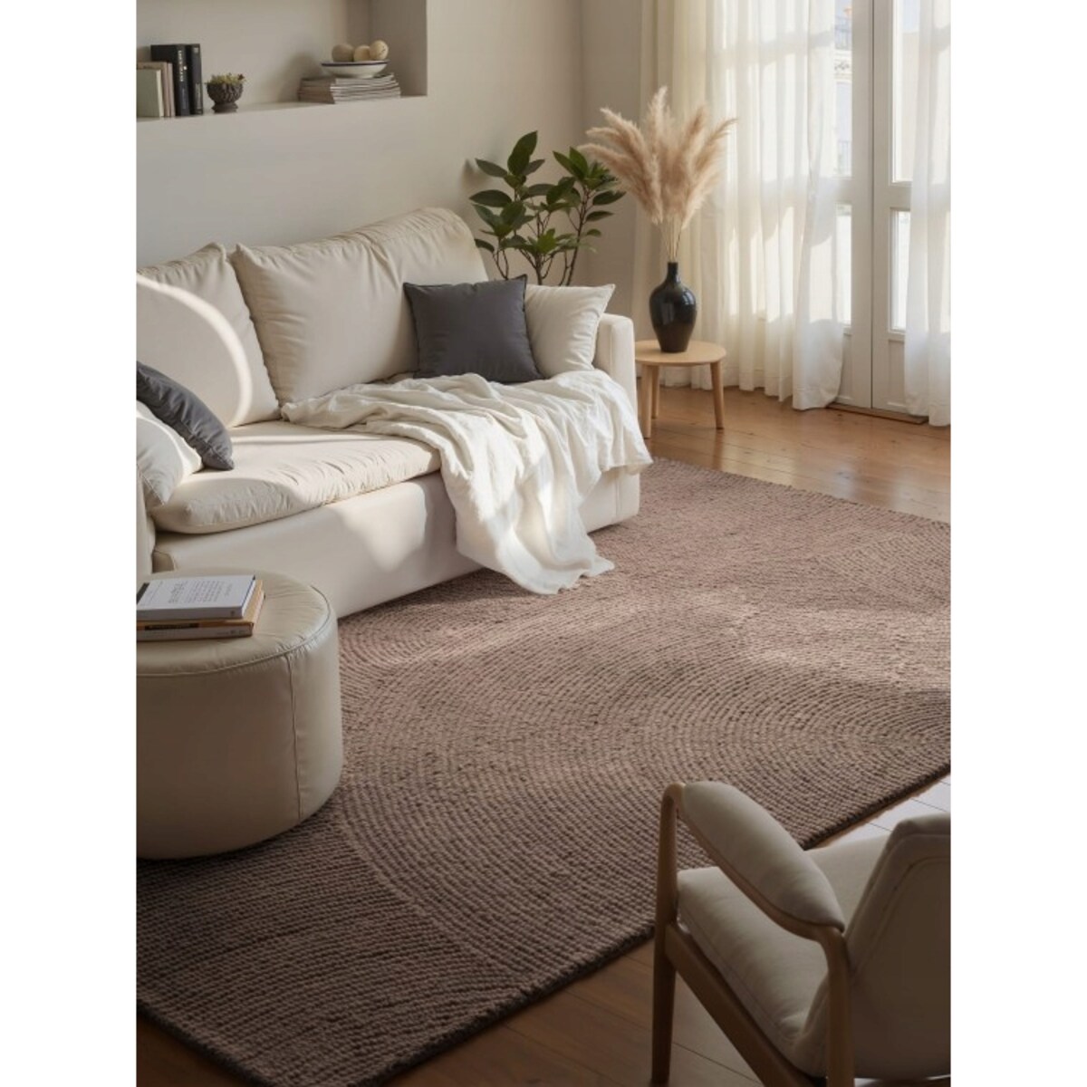 Dywan wełniany do salonu 80x150cm, brązowy wzór w półkola, efekt 3d