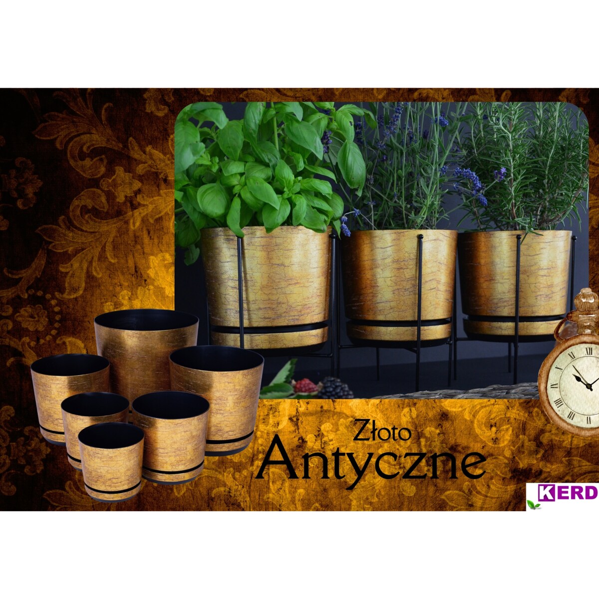 21 cm wzór ZŁOTO ANTYCZNE Doniczka z podstawką klasyczna elegancka rustykalna starożytna