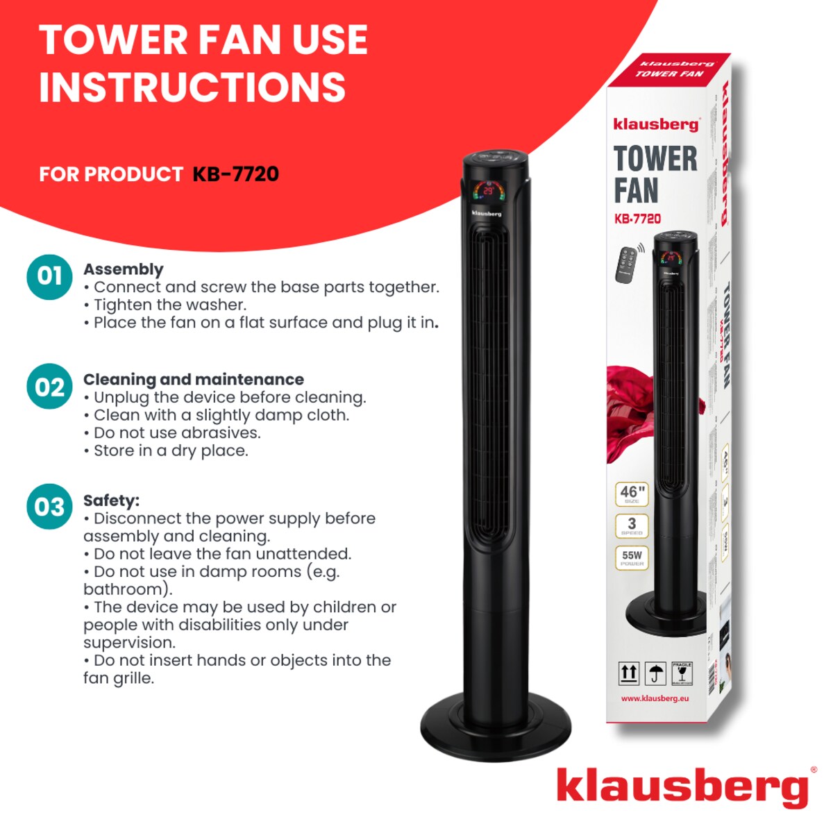 Wentylator kolumnowy podłogowy z pilotem 55W KLAUSBERG