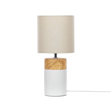 Lampa stołowa ceramiczna biała z jasnym drewnem ALZEYA