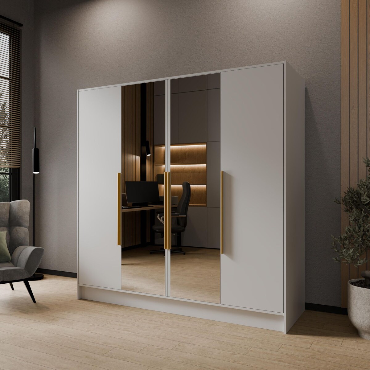 Szafa 200 gładka LUSO z lustrem i złotymi uchwytami, biała