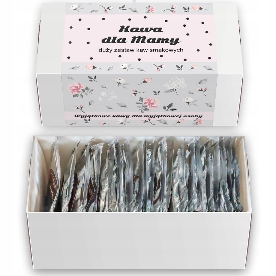 ZESTAW PREZENTOWY UPOMINKOWY BOX NA DZIEŃ MATKI URODZINY DLA MAMY TEŚCIOWEJ - MIX 20 RÓŻNYCH KAW SMAKOWYCH DESEROWYCH MIELONYCH ARABICA