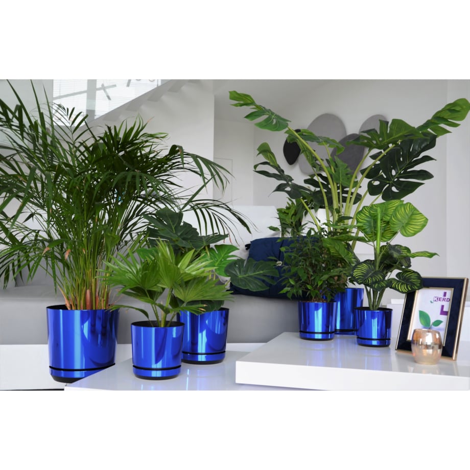 32 cm wzór NIEBIESKI BŁYSZCZĄCY Doniczka z podstawką glamour wysoki połysk do wrzosów lawendy storczyków krokusów orchidei chabrowa kobalt szafirowa błękit paryski królewski duża donica