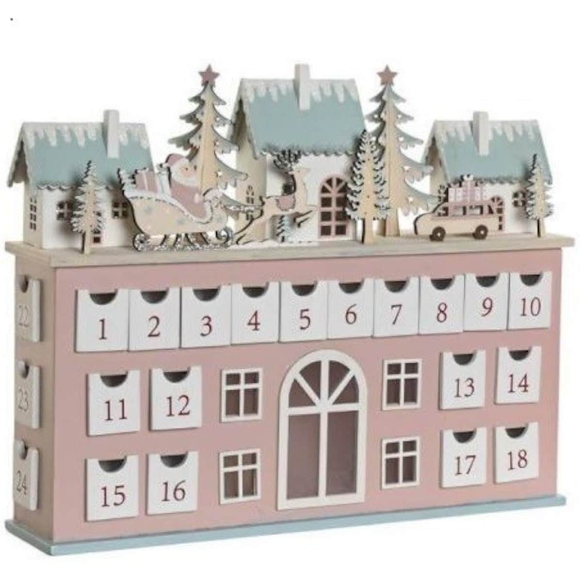 Kalendarz adwentowy LED 31x37,5x8,5 cm WILLA różowy z domkami