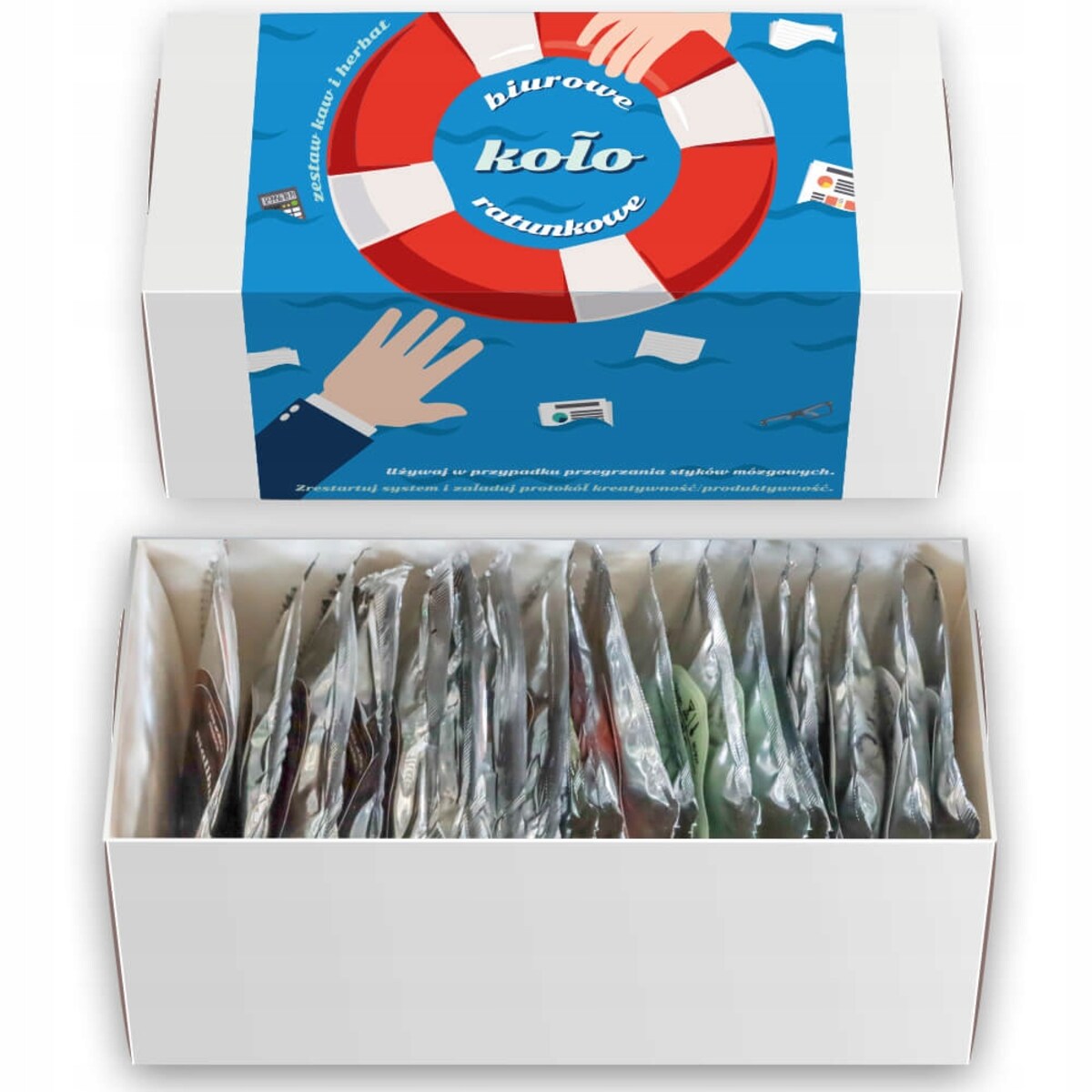 Zestaw mix 20 różnych smaków kaw mielonych i herbat liściastych premium "BIUROWE KOŁO RATUNKOWE" na prezent upominek dla kobiety faceta mężczyzny