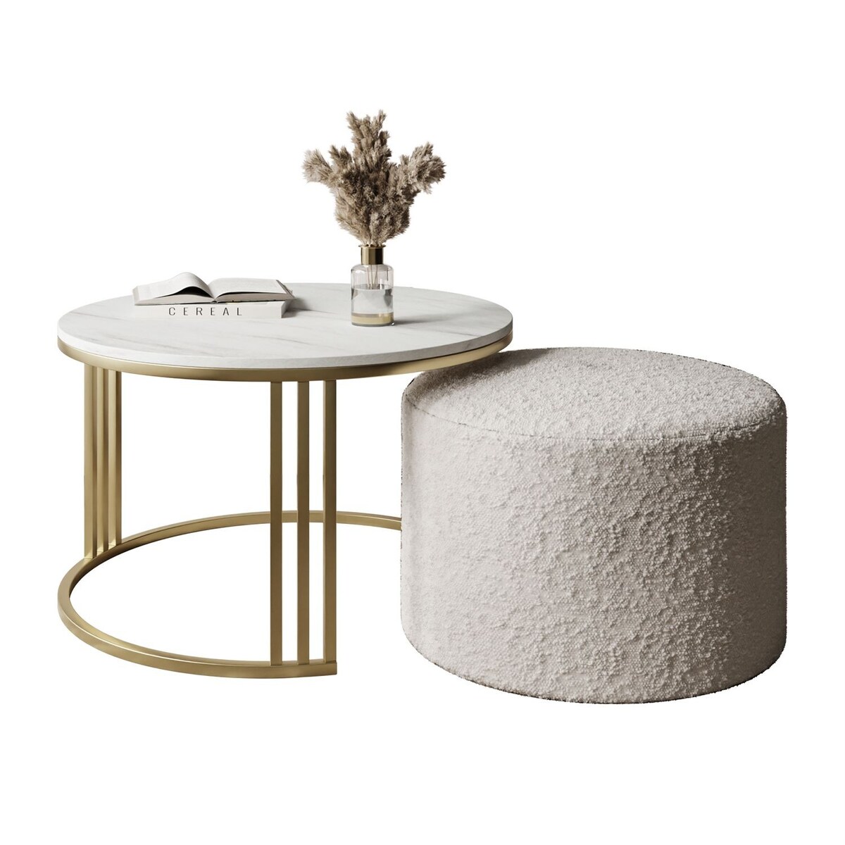 Stolik kawowy z pufą LORI MAT złoto szczotkowane,Marmur Levanto / Coral 65