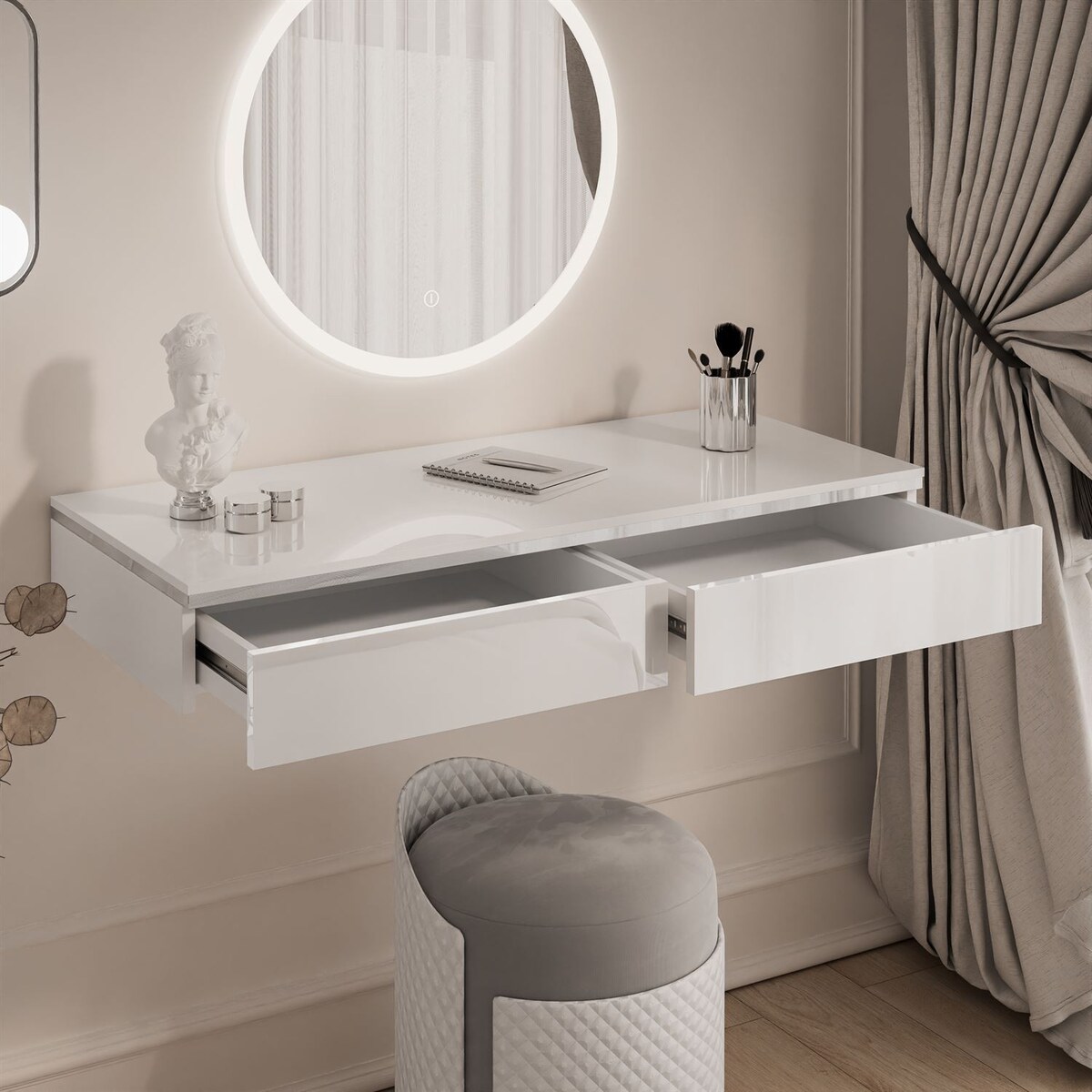 Toaletka kosmetyczna AURORA SILVER wisząca biały połysk, lustro