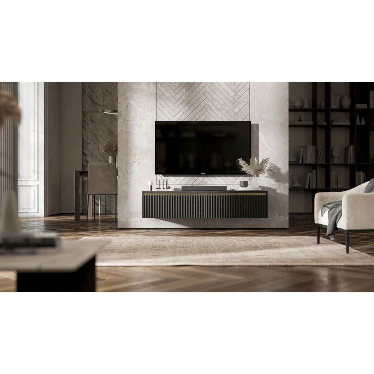 Nowoczesna Wisząca Szafka RTV Glamour Komoda RTV Czarny Mat 140 cm