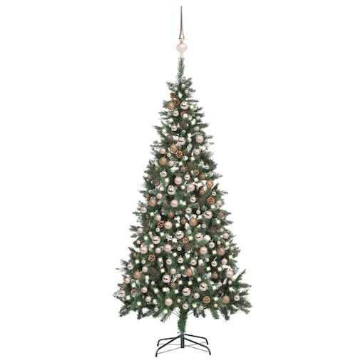 vidaXL Sztuczna choinka z lampkami, bombkami i szyszkami, 210 cm