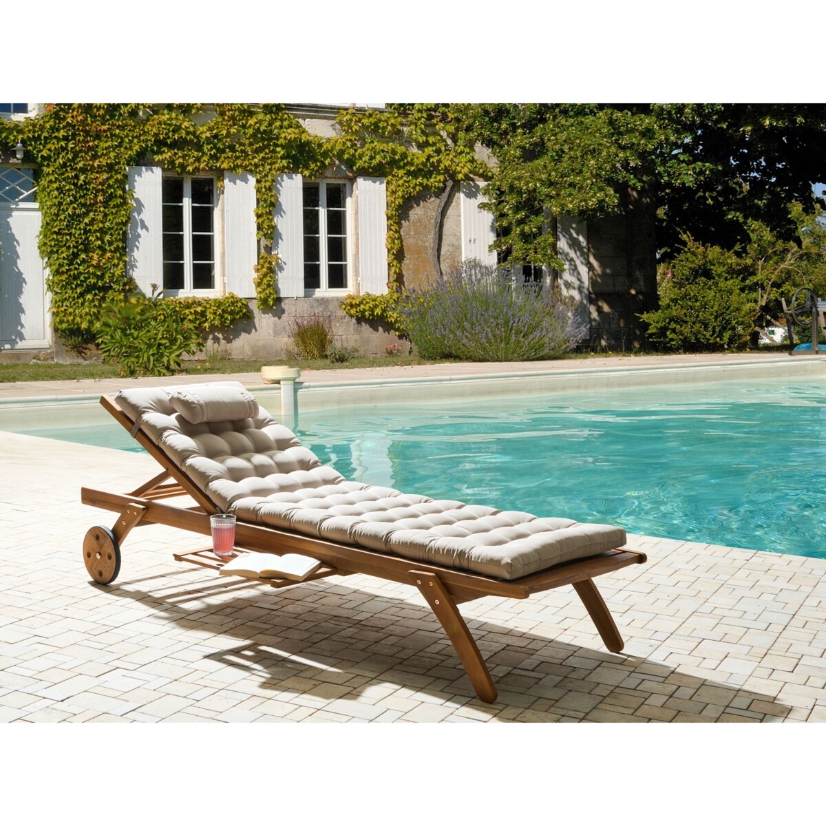 Leżak ogrodowy z poduszką CESANA PREMIUM Drewno akacjowe Beżowoszary