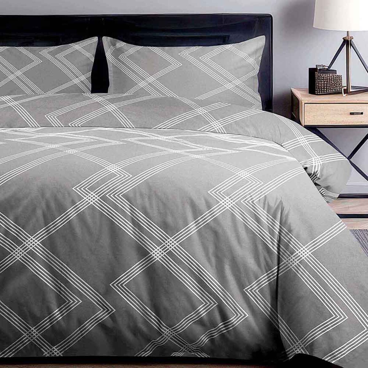 Pościel bawełniana 140x200 Geline szara w minimalistyczne geometryczne białe linie, Cottonlove