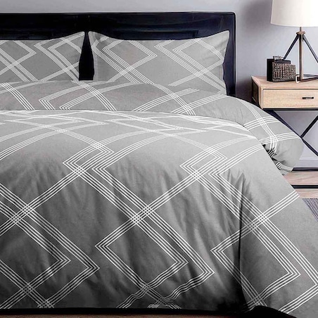 Pościel bawełniana 140x200 Geline szara w minimalistyczne geometryczne białe linie, Cottonlove