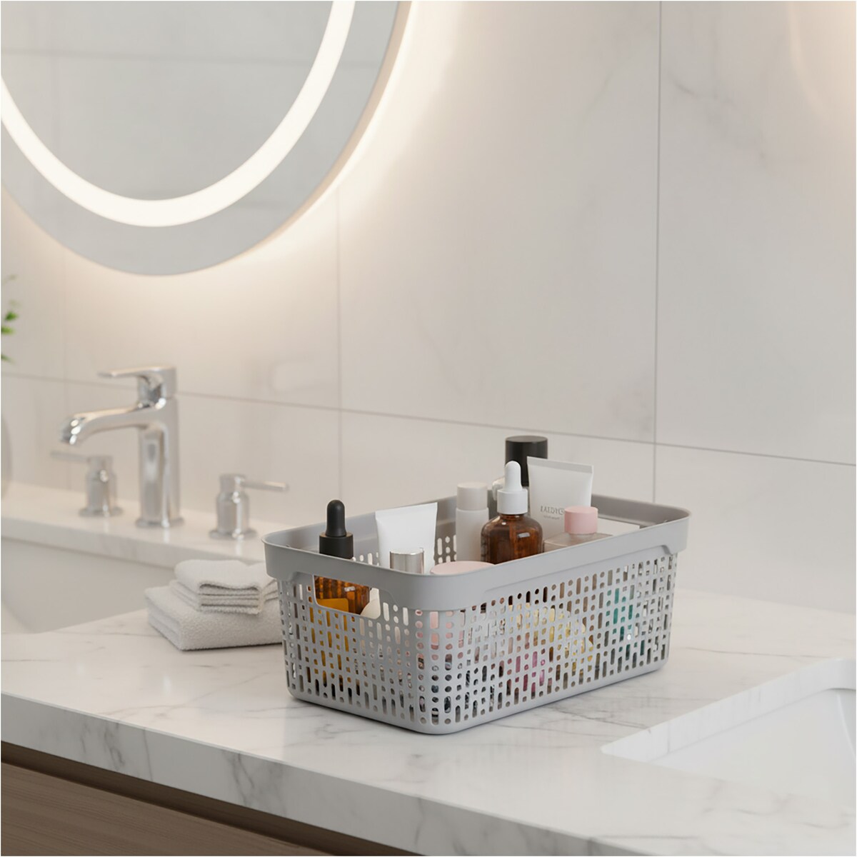 Koszyk Koszyczek Ażurowy L Plastikowy Na Kosmetyki Do Łazienki Pojemnik Z Pokrywką Zamykany Z Dziurkami Jasnoszary