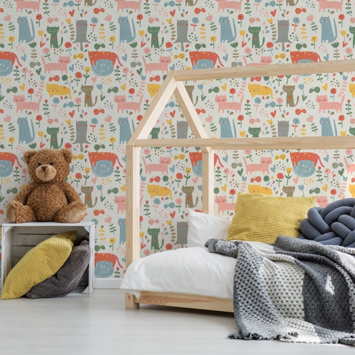 Tapeta Dla Dzieci Kolorowe KOTKI Zwierzątka Kwiaty